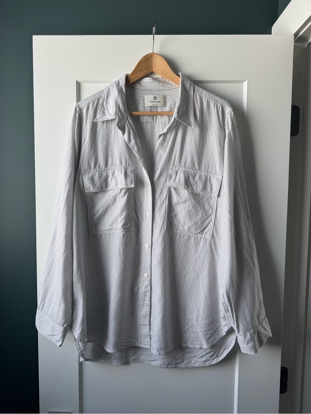 Babaton button up shirt - pinstripe - women’s L - Tencel/Lyocell